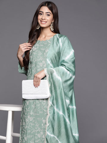 Sea Green Embroidered Kurta Paired With Tonal Bottom And Dupatta